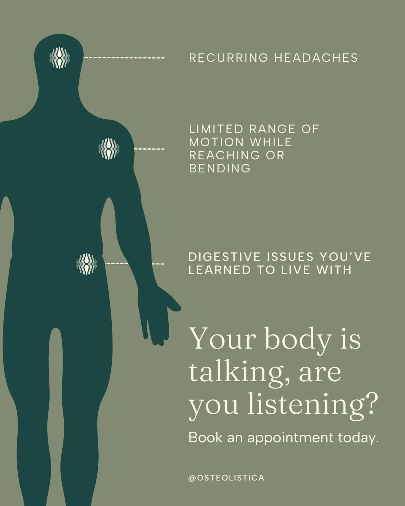 Your body is talking... are you listening? 👂
⁠
Pain, tension, fatigue, headaches, limited range of motion, digestion issues &mdash; these aren&rsquo;t random, they&rsquo;re messages. Signs that your body needs support, not silence. ⁠
⁠
Osteopathy lo