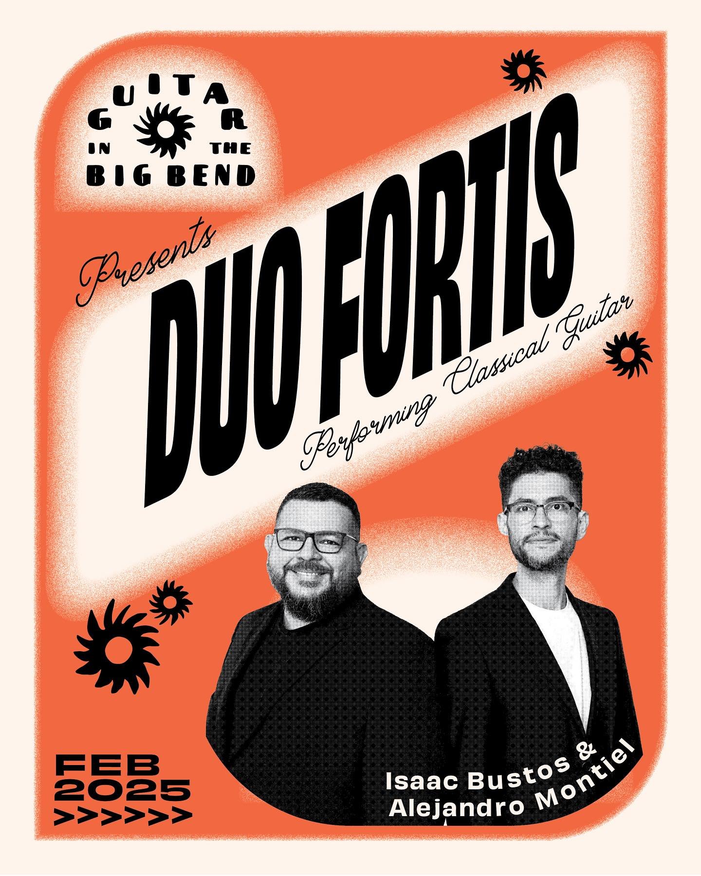 Feels so cool to announce the visiting artists for our February, 2025 series are Duo Fortis!  Duo Fortis ( @bustosguitarist @almontiel ) will be performing concerts in Marfa and Alpine and teaching a masterclass at Sul Ross State University.  Aaron R