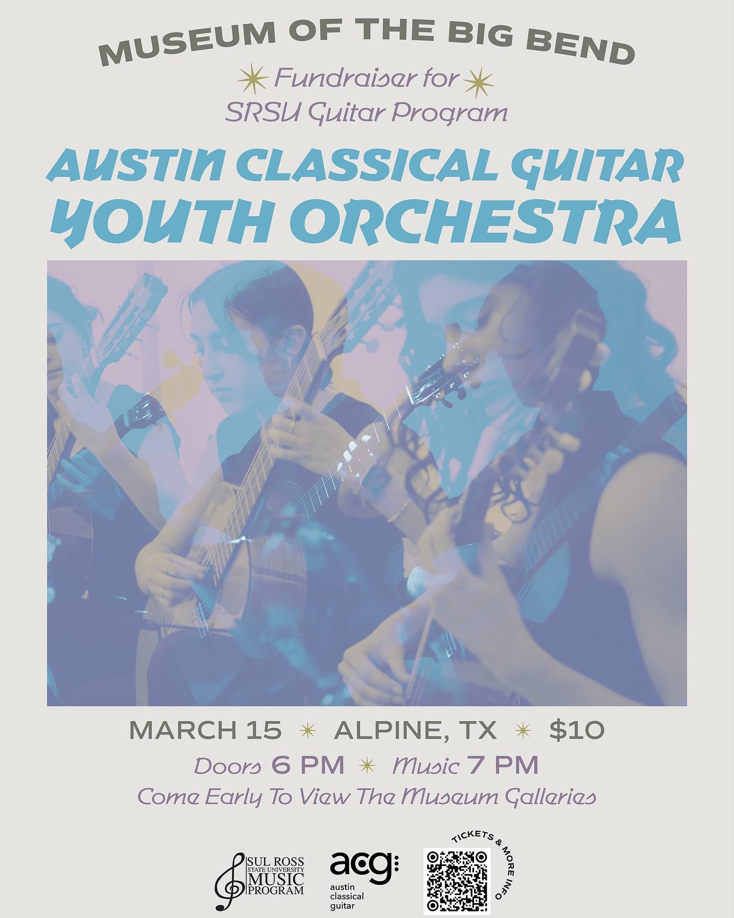 @sulrossstate and Guitar in the Big Bend are happy to host the @austinclassicalguitar Youth Orchestra for an exciting concert at the @museum_of_the_big_bend Saturday March 15th, doors 6PM show 7PM.  The ACGYO is touring Texas raising money for causes