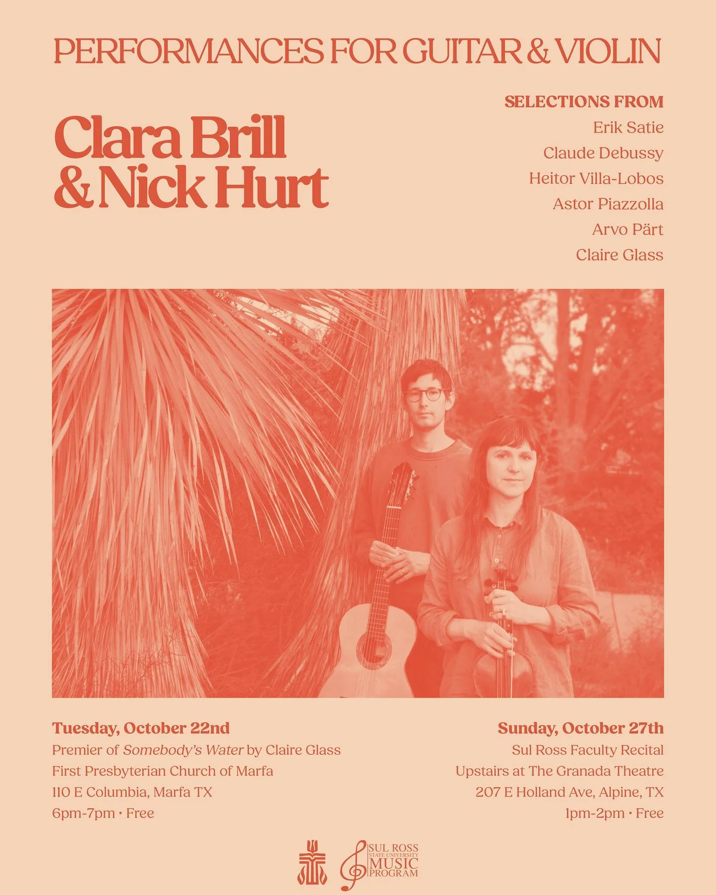 Making some music this week! Come see Clara @evel_sound and my duo Tuesday night (Oct. 22nd) at First Presbyterian Church of Marfa.  We&rsquo;ll be premiering a new piece for guitar and violin by @_claire_glass_ 

Come see us Sunday (Oct. 27th) for a