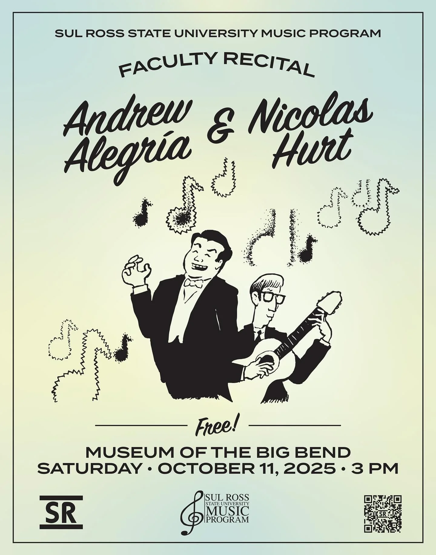 Saturday! October 11! Museum of the Big Bend!

Dr. Alegria and I will be performing a faculty recital - it&rsquo;s free, come on by.  3PM.  Music by Dowland, Giuliani, Schubert, Satie and more.

@museum_of_the_big_bend @sulrossstate 

Poster by @sam_