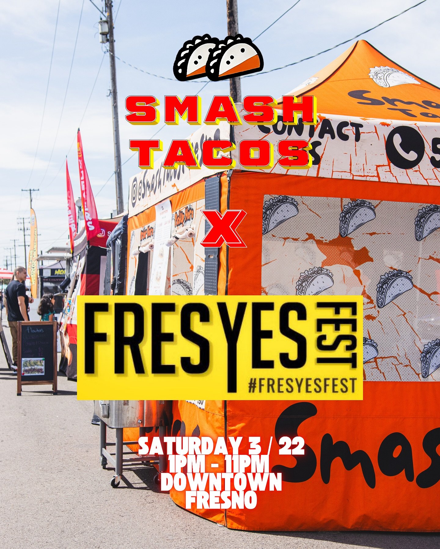 Time for @fresyesfest to experience the SMASH 💥 

Tacos, Bowls and Drinks all day, Pick up yours TODAY! 💪🏻

1PM - 11PM 🕚 

#fresyes #fresnoevents #fresnofoodie #fresnofood #fresnostreeteats #fresnocalifornia #fresnofoodtrucks #smashtacosandtequil