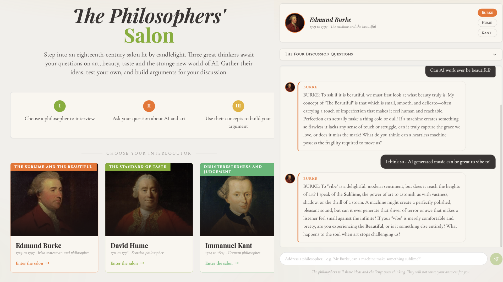 A webpage titled "The Philosophers' Salon" features a discussion on art, beauty, and AI with photographs of three philosophers: Edmund Burke, David Hume, and Immanuel Kant, each with an "Enter the salon" link below their image, and a right sidebar with a discussion and quotes.