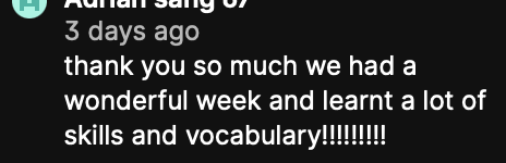 Screenshot of a social media comment thanking for a wonderful week and learning new skills and vocabulary.