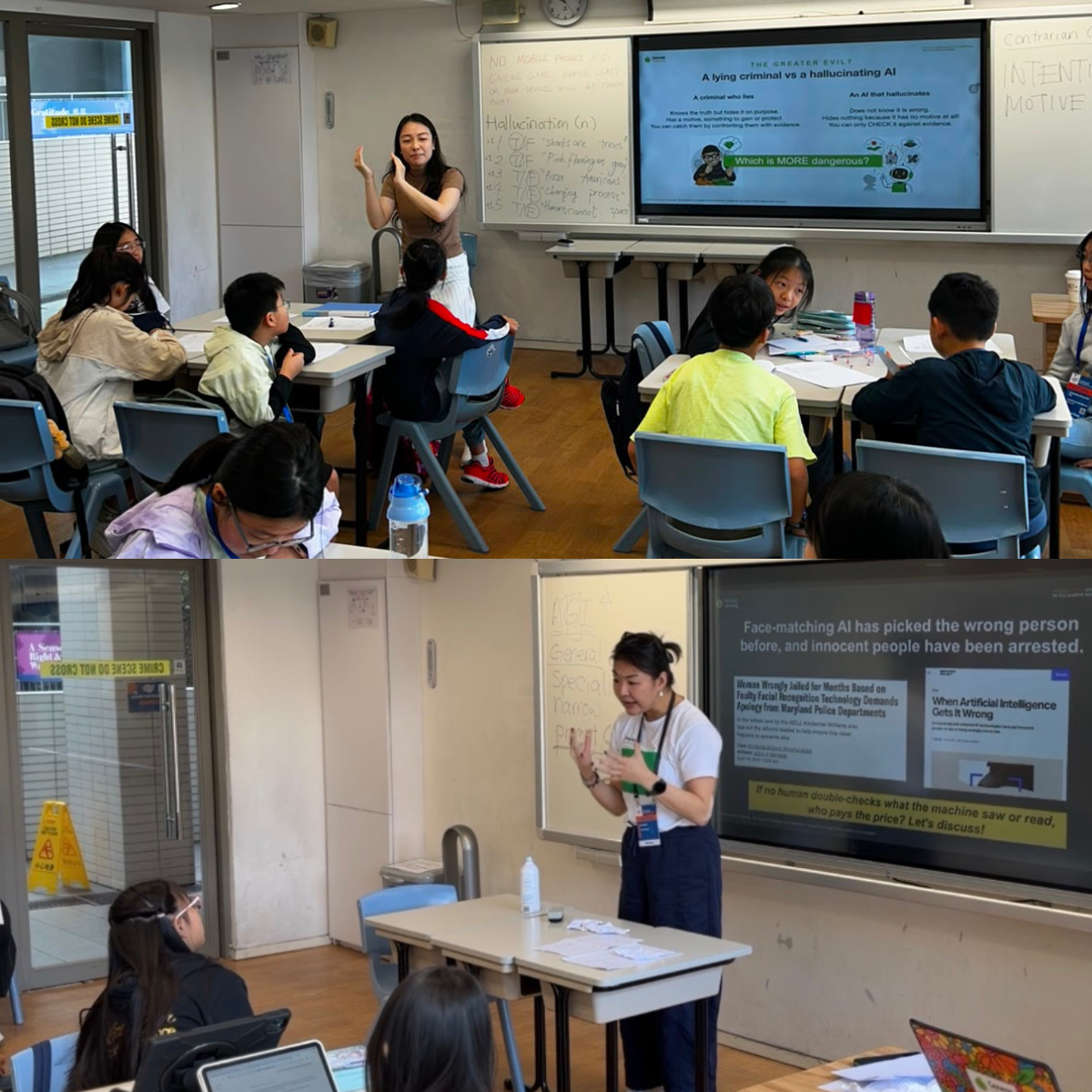 A classroom with students sitting at tables and two teachers presenting. The first teacher is explaining in front of a large screen displaying information about AI and hallucination. The second teacher is standing near a whiteboard and discussing a topic with students.