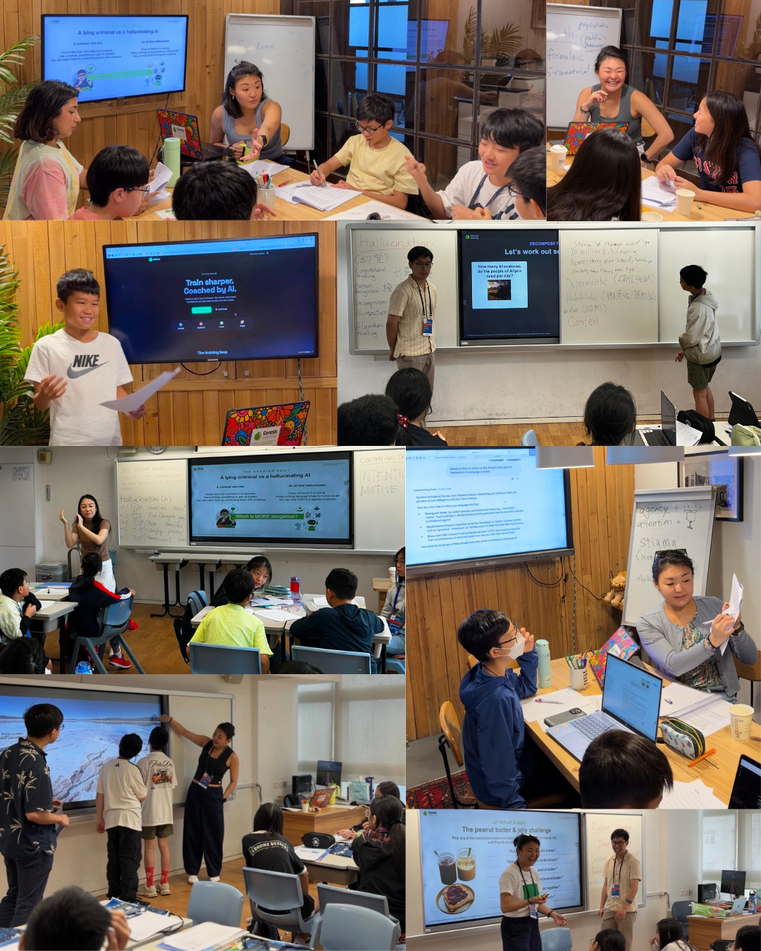 A collage of classrooms with students and teachers engaged in various educational activities, including presentations, discussions, and group work, with screens displaying educational content.