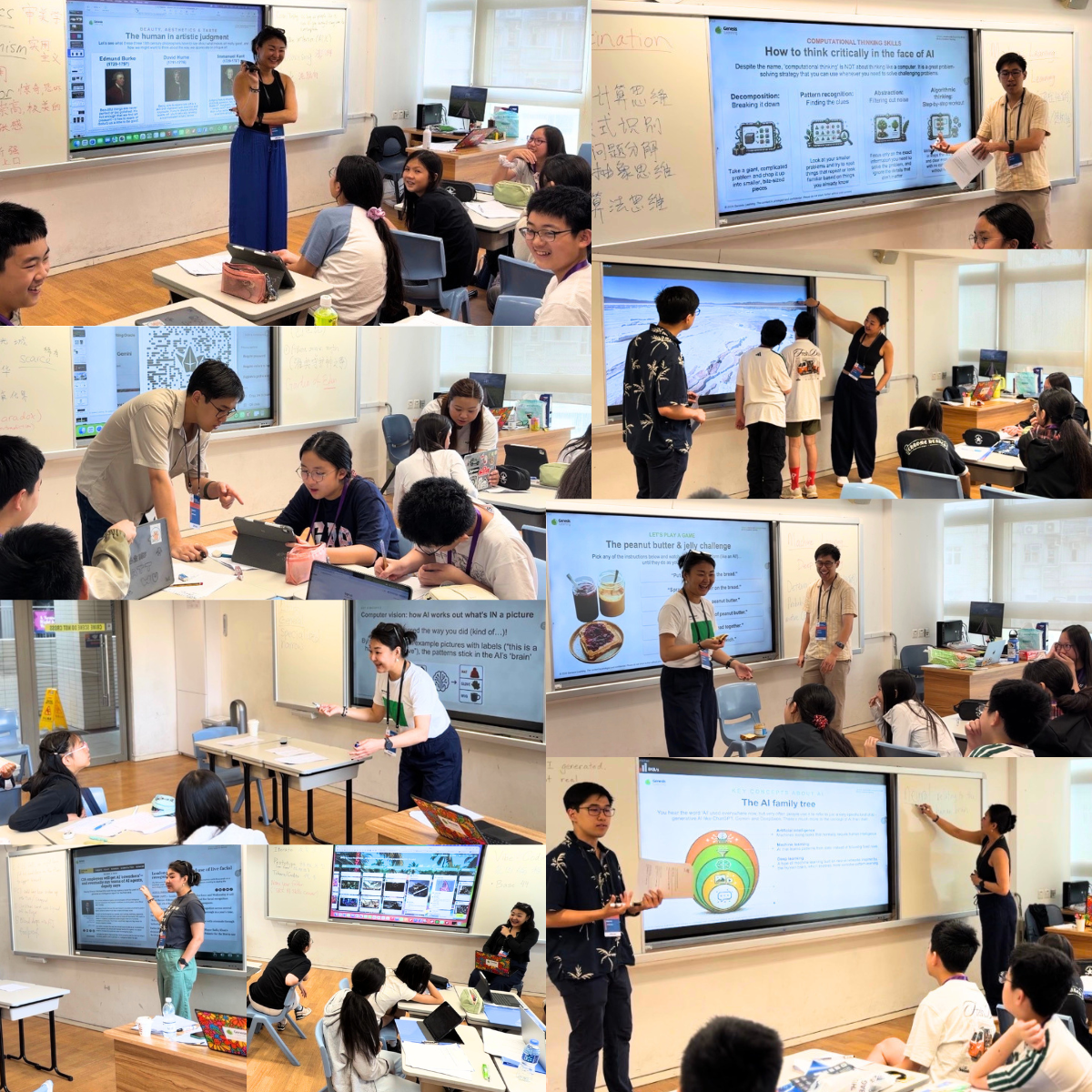 Multiple classroom scenes with students and teachers presenting and discussing topics on smartboards and digital screens in a school setting.