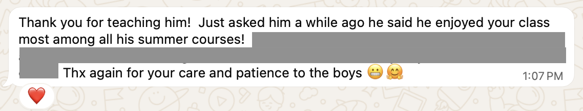 WhatsApp message thanking a teacher, mentioning that a student enjoyed class and summer courses, with emojis of a smiley face with teeth and a hugging face, and a red heart sticker.