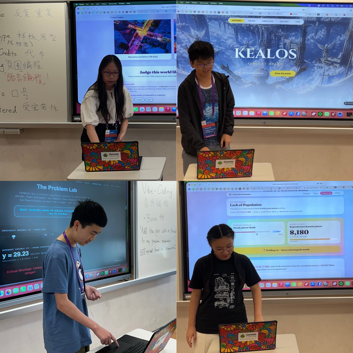 Four students standing in front of interactive screens in a classroom, each with a colorful laptop on a white table, participating in a science or coding activity.