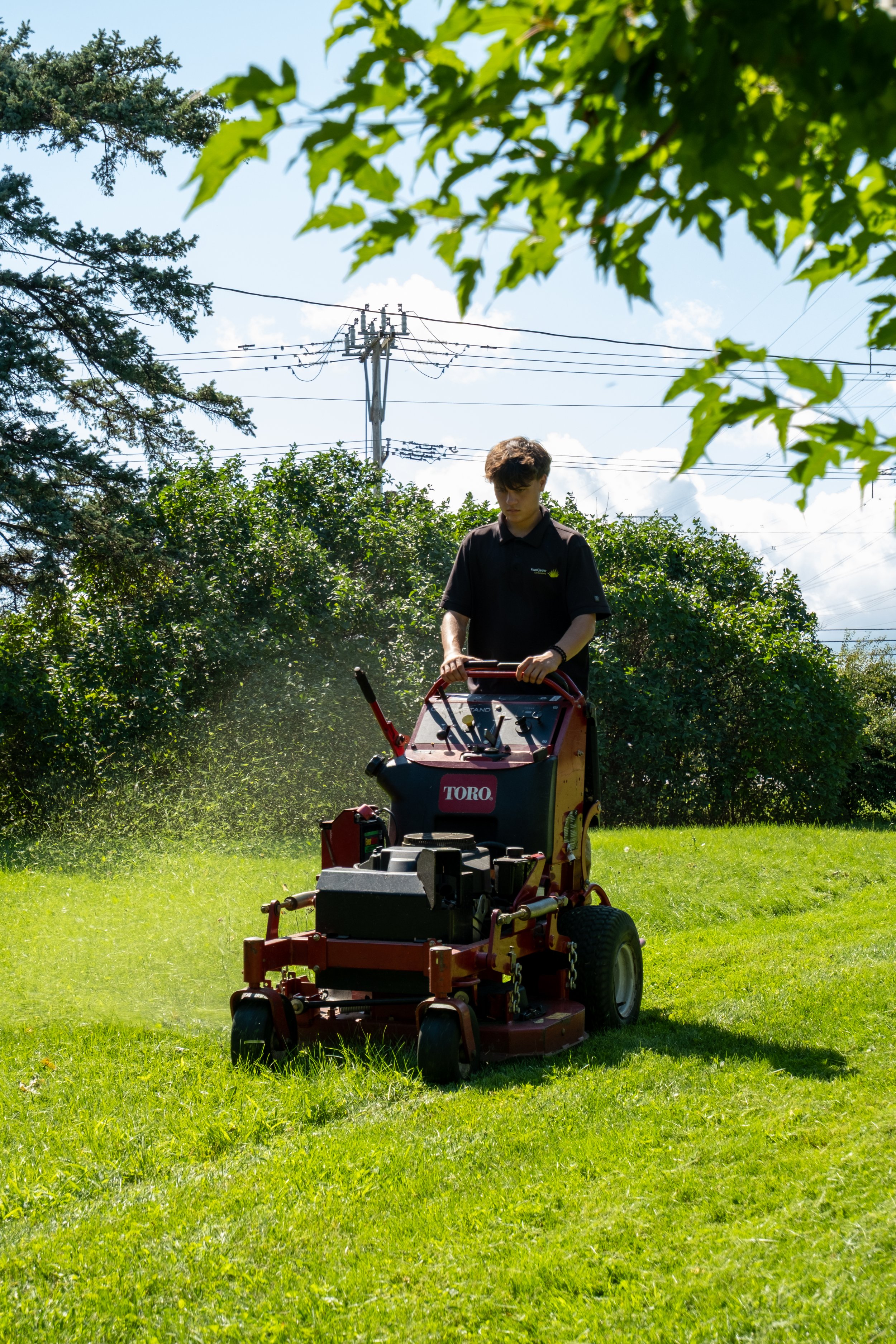 A person pushing a black and yellow push lawn mower on a grassy lawn.