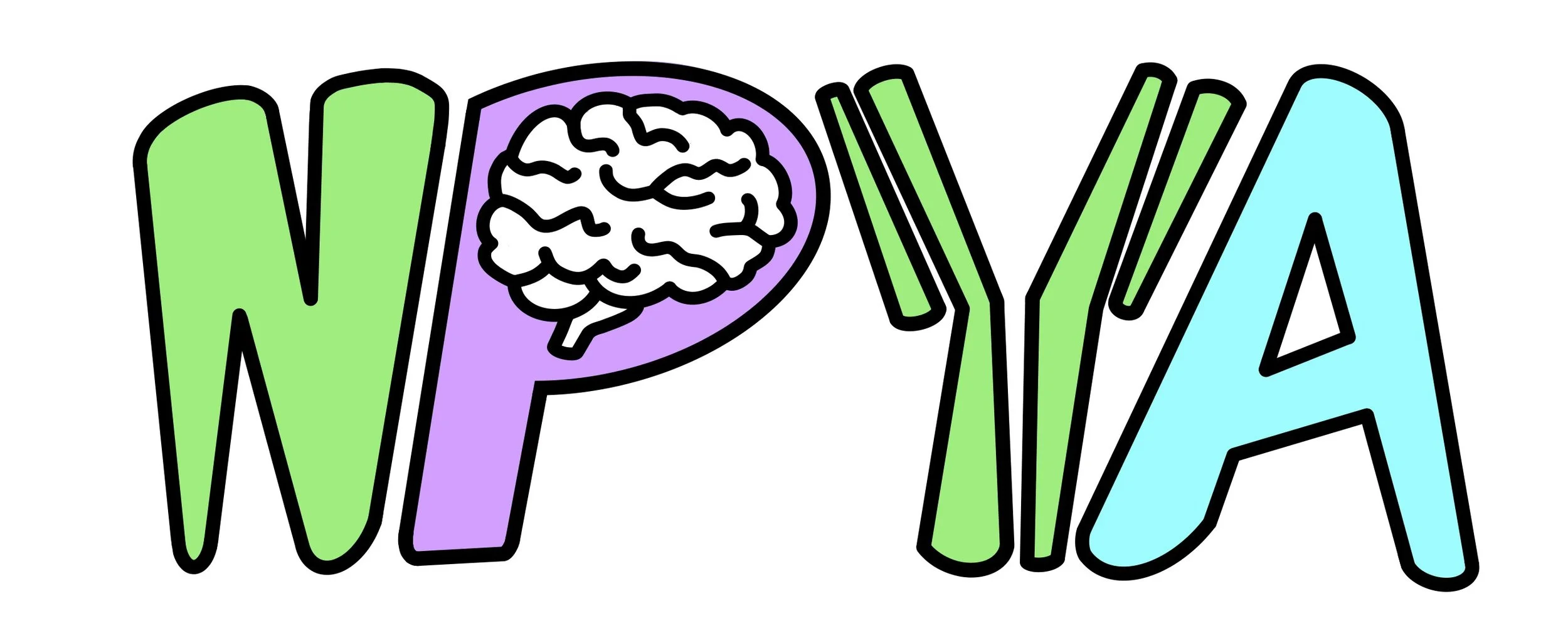 Colorful hand-drawn text spelling out 'NPYA' with a brain illustration inside the letter 'P'.