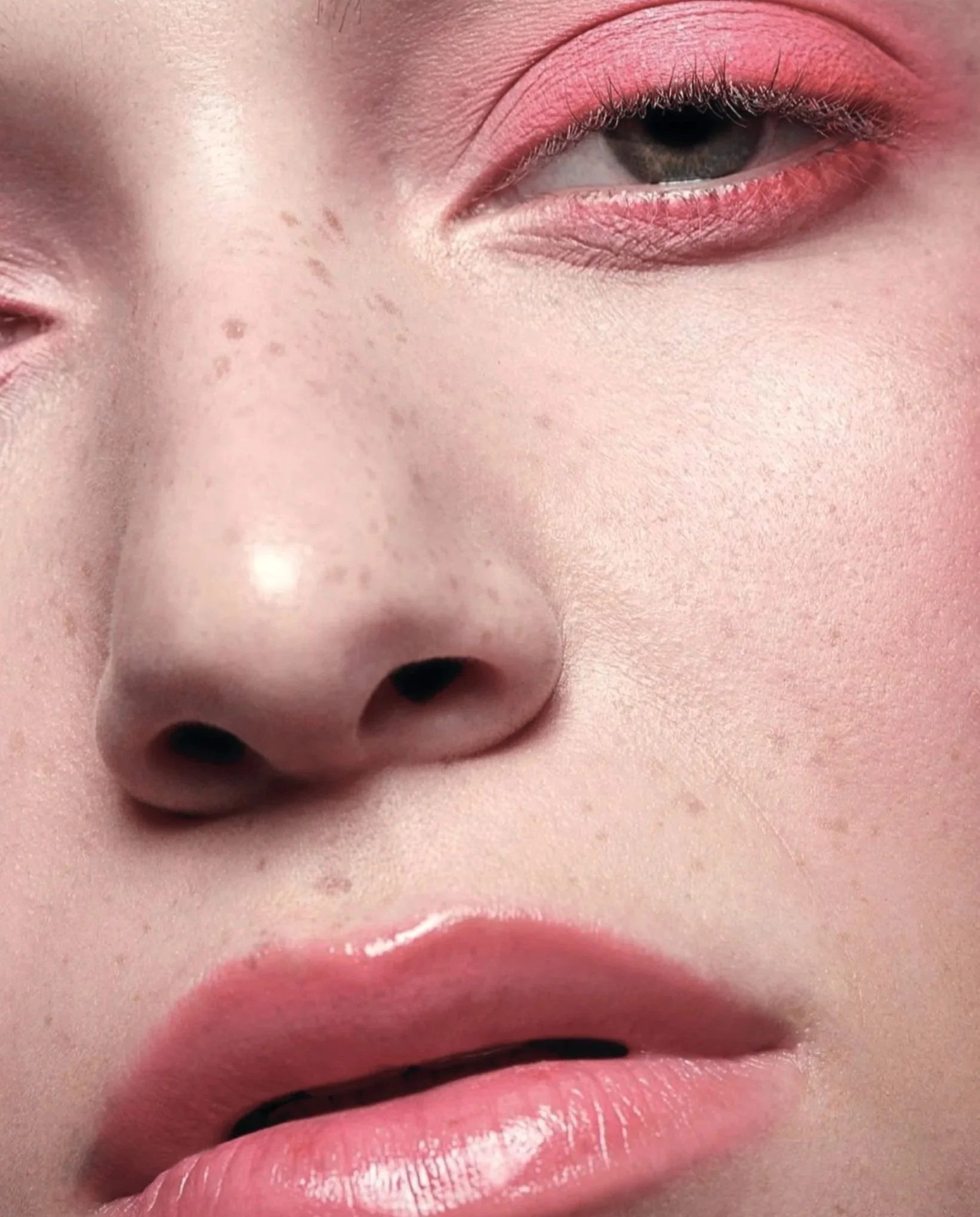 Close-up of a person's face showing their eye, nose, and lips with makeup and clear skin.