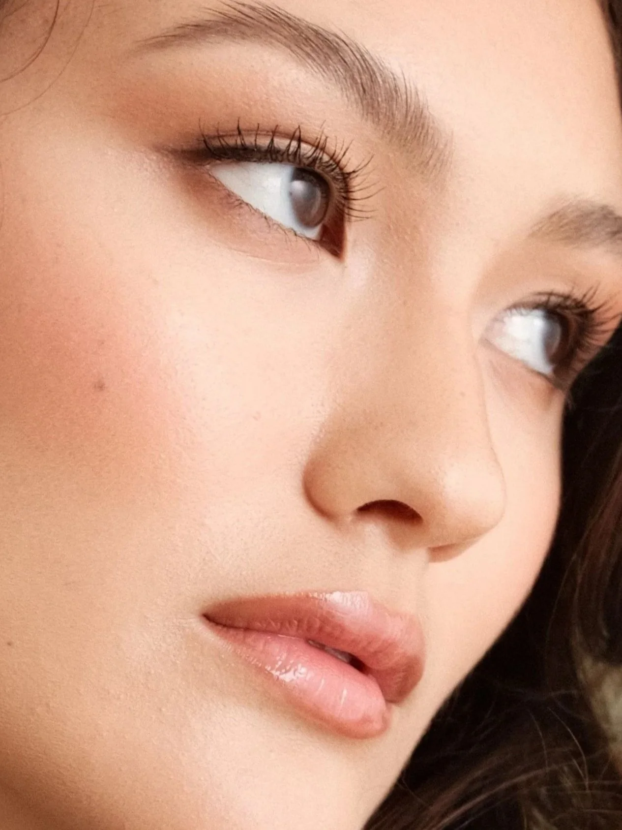 Close-up of a woman's face showing her skin, polished, clean, natural, flawless makeup soft definition bronzer blush lip balm clean commercial beauty toronto los angeles athens tirana albanian mua
