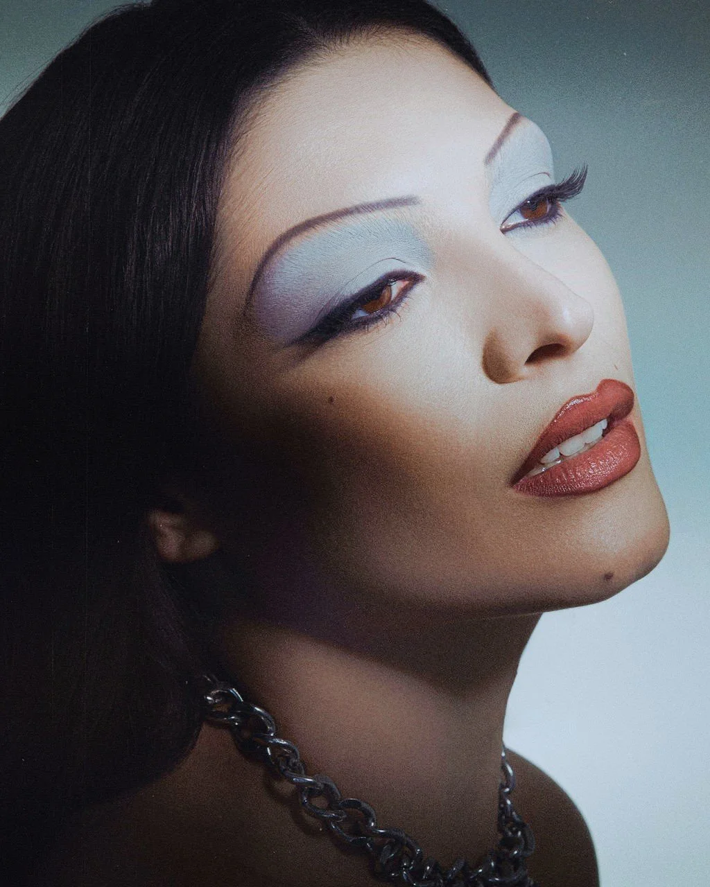 Adelina Ismaili inspired beauty creative shoot 90's skinny brow blue eyeshadow, thin eyebrow, matte skin, vintage glamour old hollywood, los angeles makeup artist model toronto 