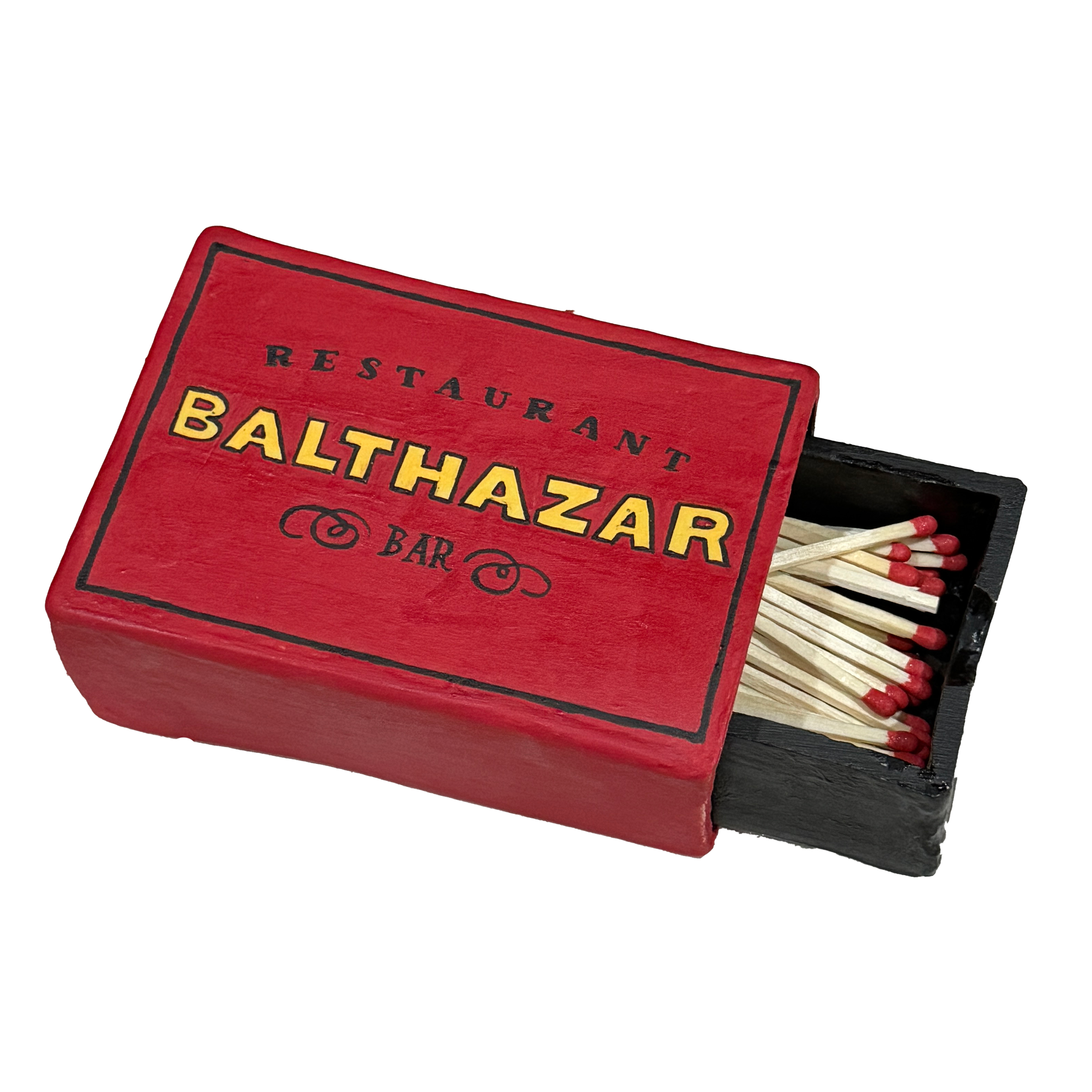 Red ceramic Balthazar matchbox with real matches