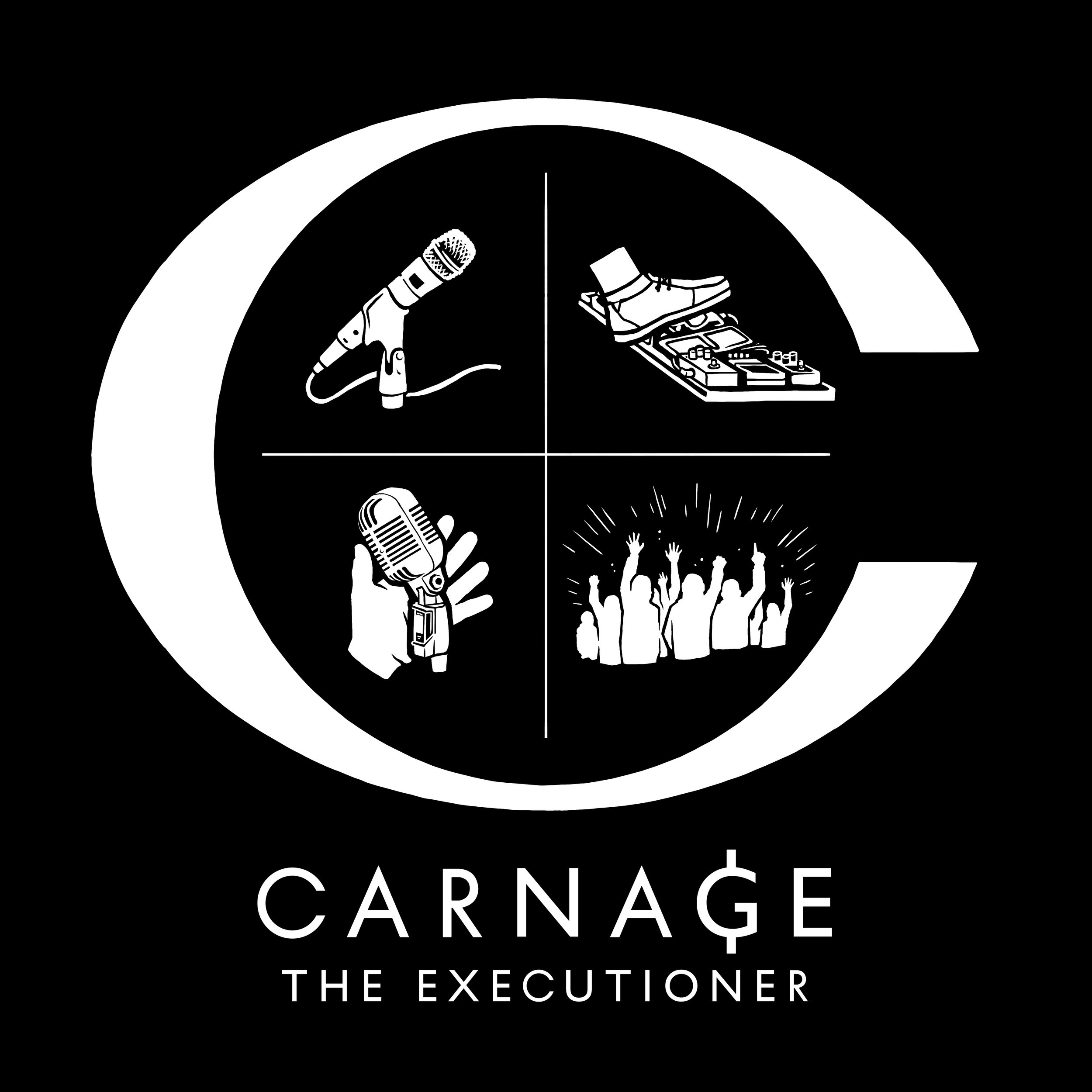 Black and white poster with four sections showing a microphone, DJ equipment, a hand holding a microphone, and a crowd of people cheering, with the text 'CARNAGE THE EXECUTIONER' at the bottom.