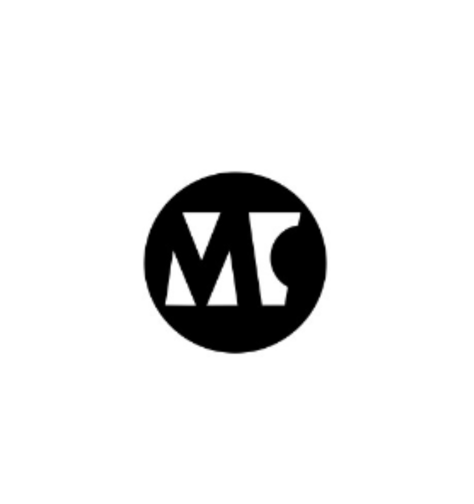 Black and white Malmros Consulting logo that is circular and black with white shapes that create an M and C in the center.