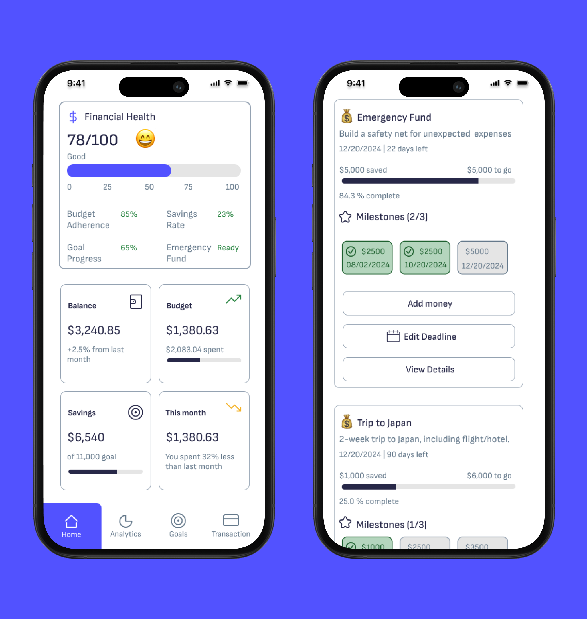 Screenshots of a mobile finance app showing financial health, emergency fund, goals, and savings progress on two phones with a blue background.