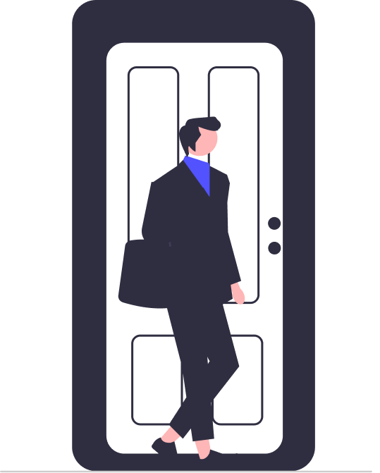 Illustration of a person in a suit standing inside a smartphone frame, wearing a briefcase.