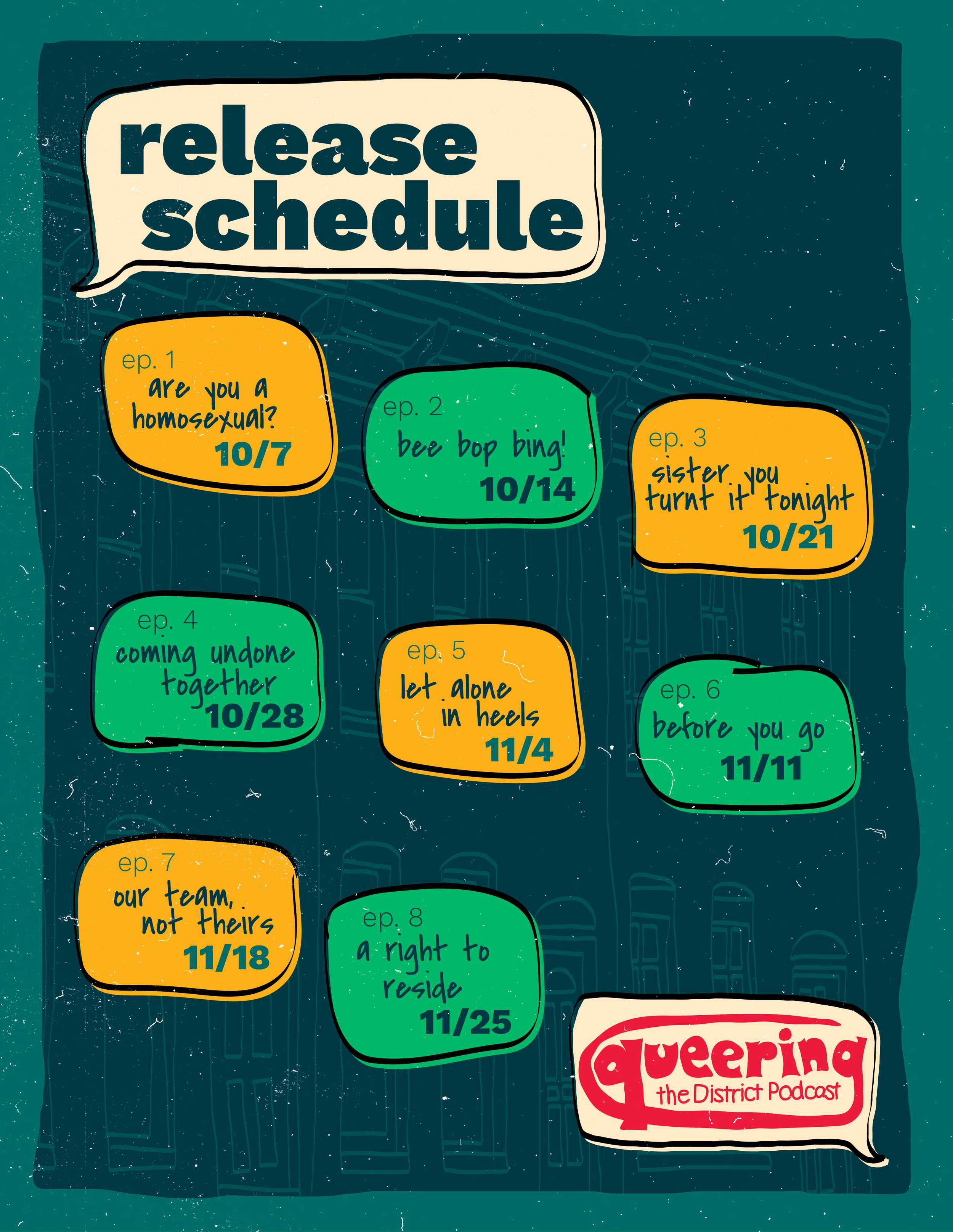 Release Schedule: Ep. 1 on 10/7; Ep. 2 on 10/14; Ep 3 on 10/21; Ep. 4 on 10/28; Ep. 5 on 11/4; Ep. 6 on 11/11; Ep. 7 on 11/18; Ep. 8 on 11/25