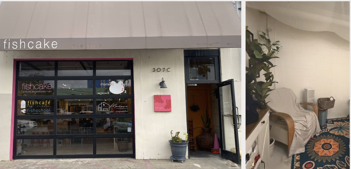 Exterior storefront of a store called Fishcake and interior seating area with a white chair draped with a cloth, a potted plant, and a colorful rug.