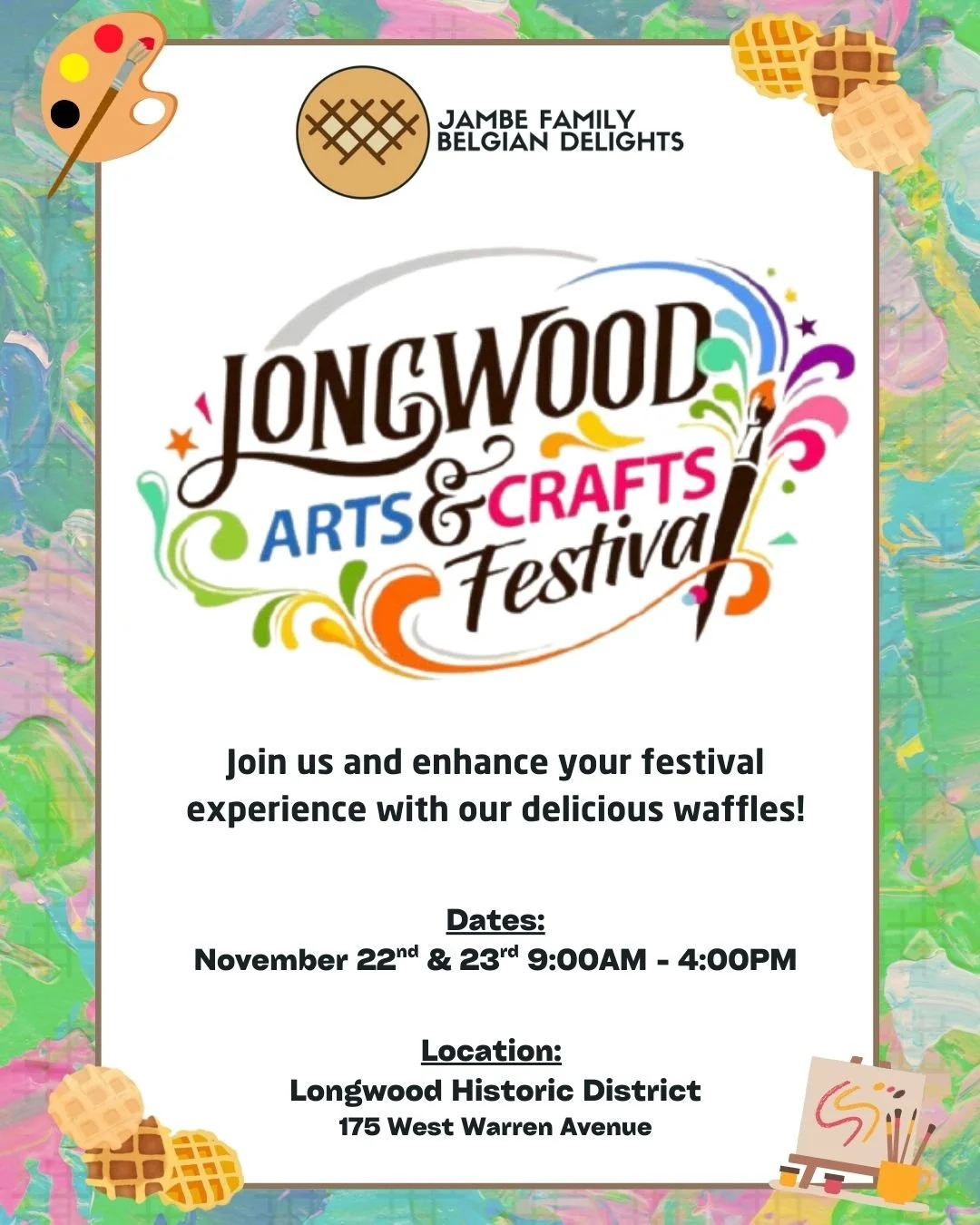 ✨ Exciting News! ✨
We&rsquo;re thrilled to share that Jamb&eacute; Family Belgian Delights will be at this year&rsquo;s Longwood Arts &amp; Crafts Festival! 🎨🧇

Come stroll through the beautiful streets of Historic Longwood, enjoy incredible art, l
