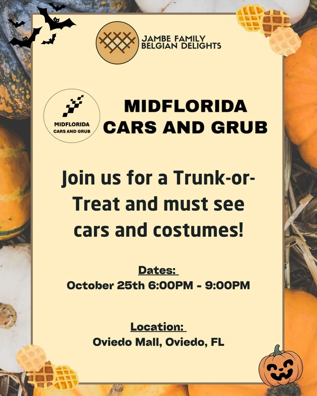 We’re rolling into spooky season with waffles in tow! 🧇✨
Get ready, Oviedo — Jambé Family Belgian Delights is joining the lineup at this year’s MidFlorida Cars and Grub Trunk-or-Treat! Come see us on Saturday, October 25th