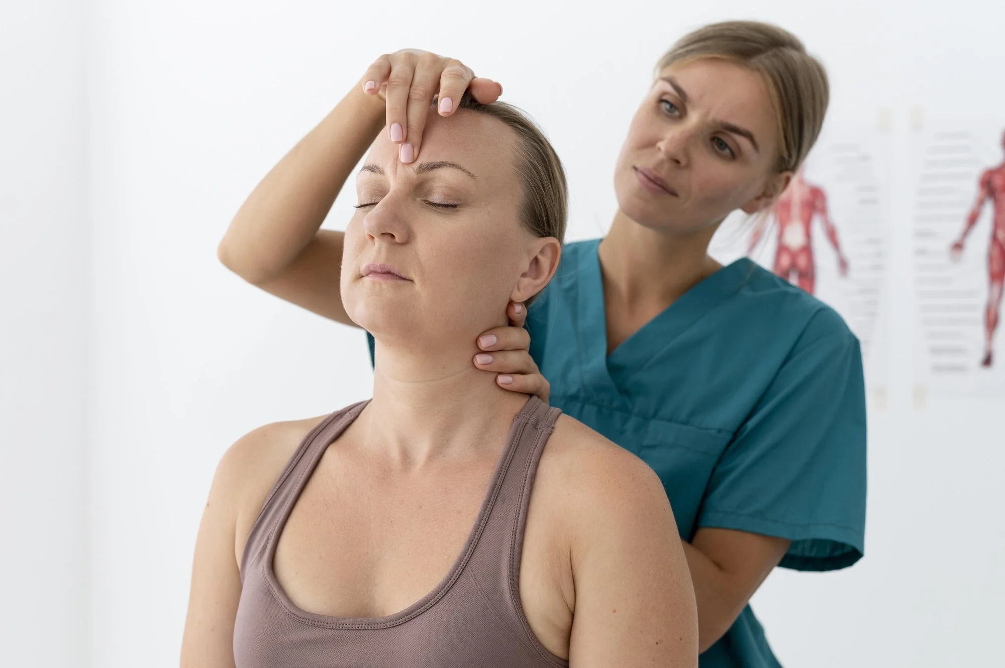 physiotherapist treating female patient vertigo dizziness in clinic