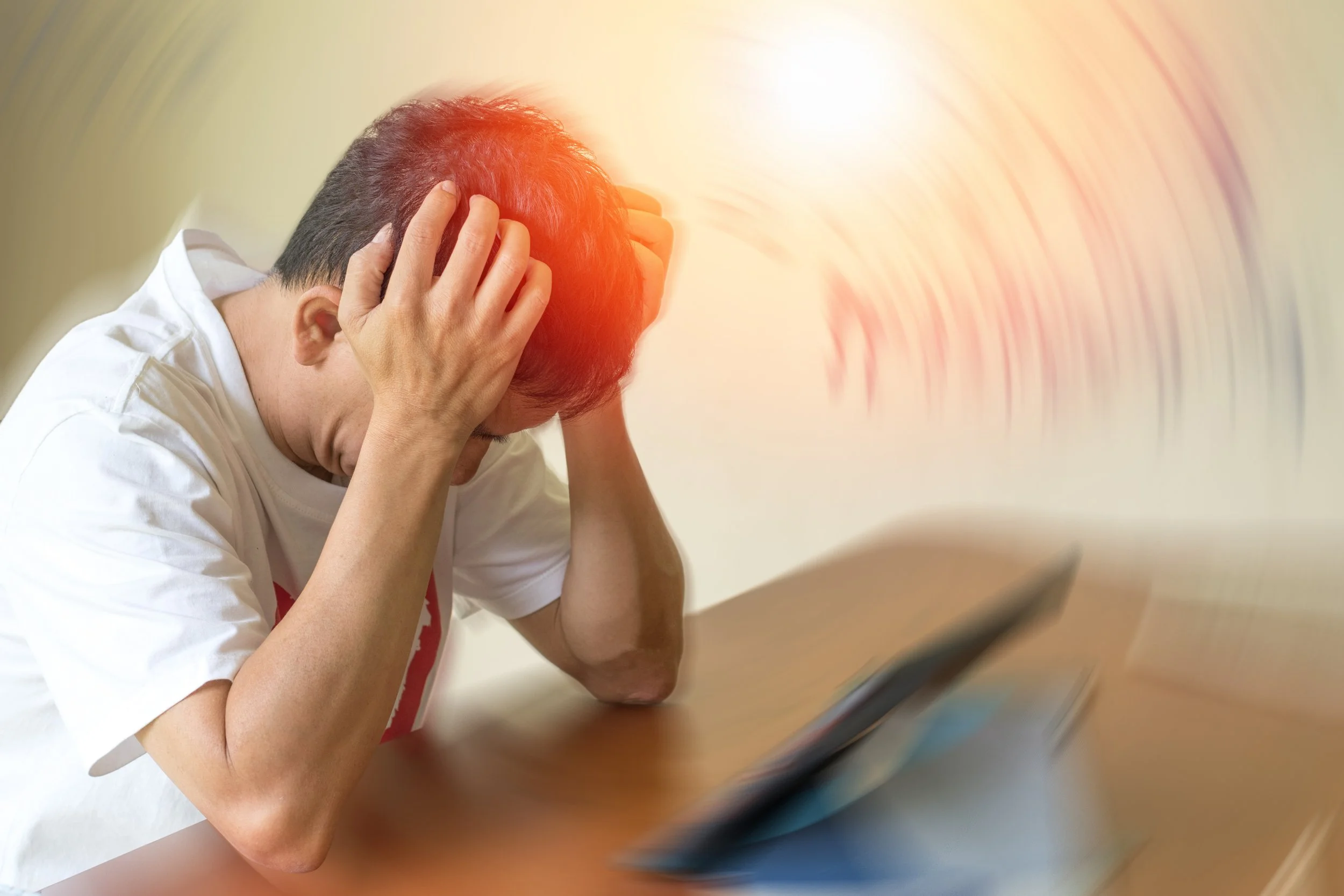 Neurological conditions, brain diseases problem cause chronic severe headache migraine. Male adult look tired and stressed out depressed, having mental problem trouble, medical concept