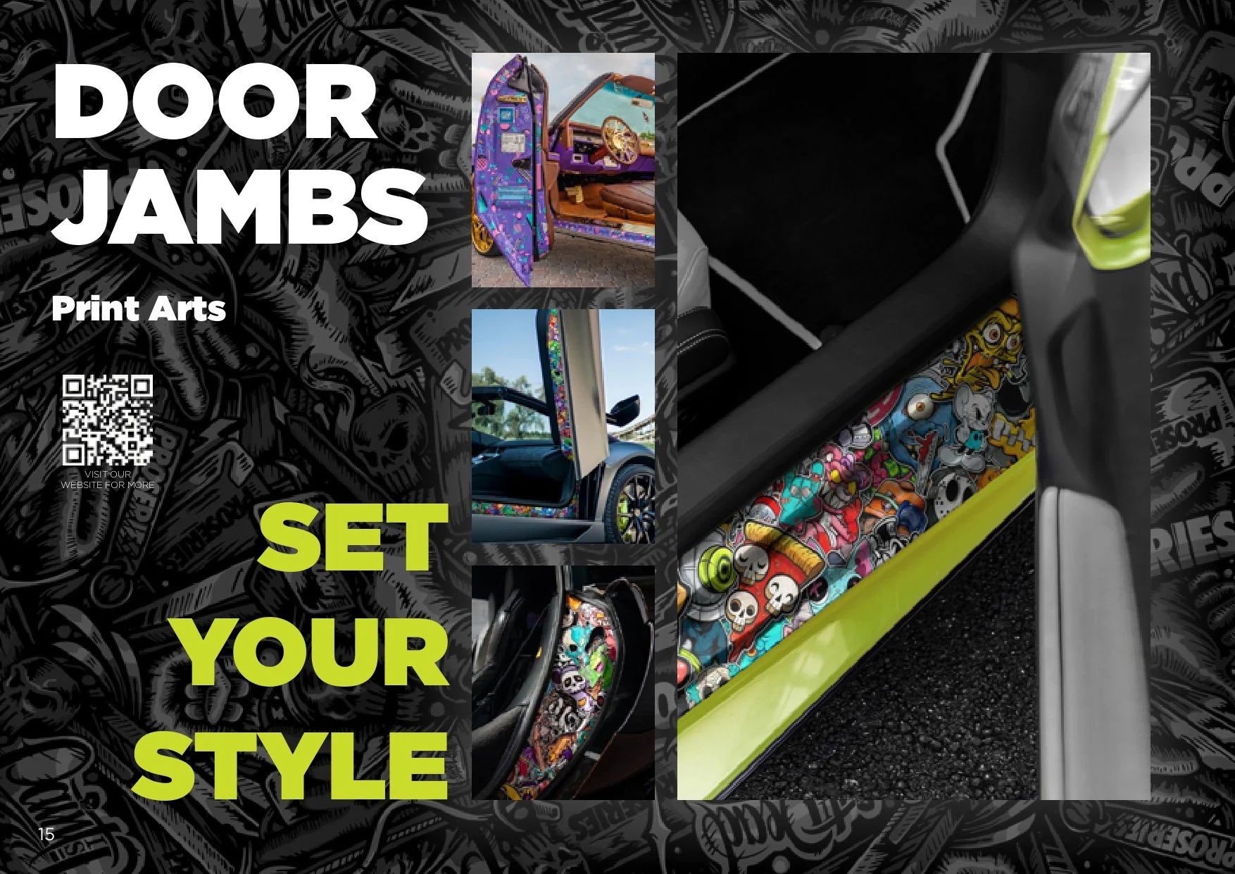 Custom car door jamb designs with vibrant art prints, featuring bold text 'Door Jambs Print Arts' and a QR code for more information. Background has a graffiti-style pattern.