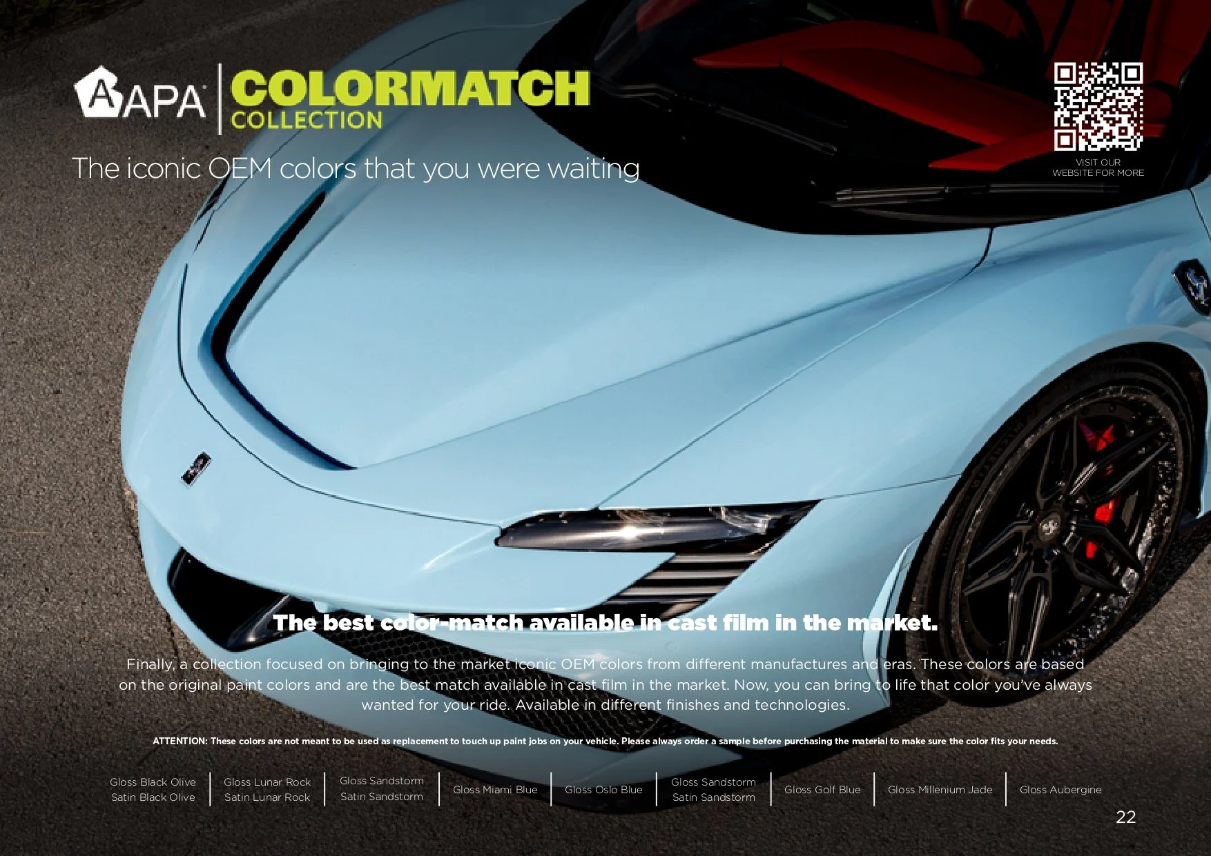Promotional image for APA ColorMatch Collection, featuring a close-up of a blue sports car's front with custom color options listed below.