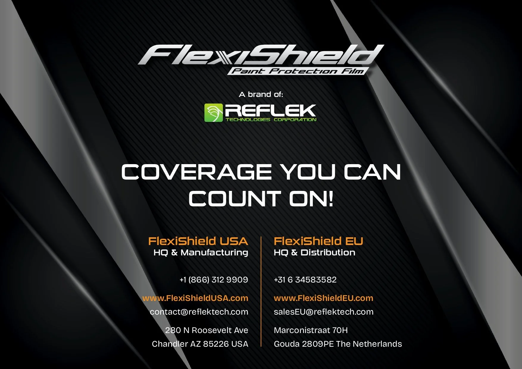 FlexiShield promotional image with contact information for USA and EU locations, featuring the brand's logo and slogan "Coverage You Can Count On."