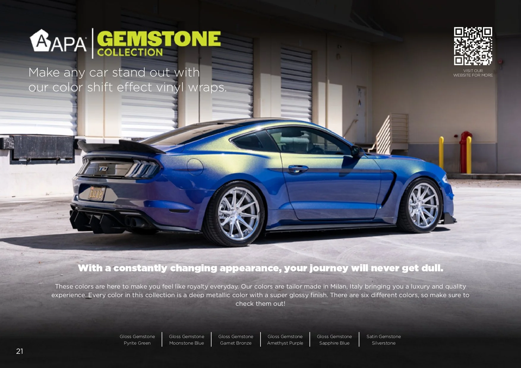 Blue sports car with color-shift vinyl wrap parked in front of industrial building, advertising APA Gemstone Collection.