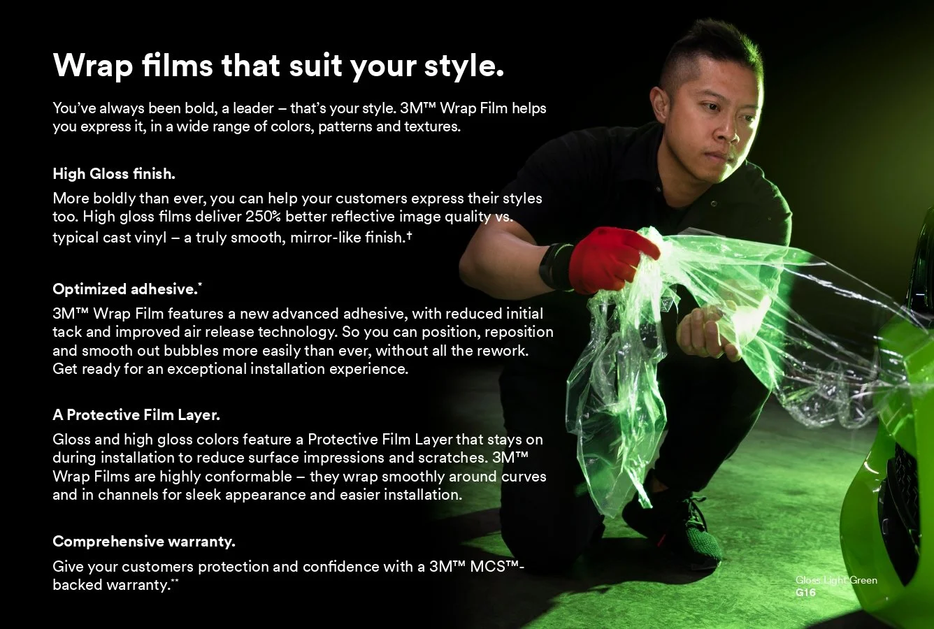Person applying 3M wrap film on a vehicle, highlighting high gloss finish, optimized adhesive, protective film layer, and comprehensive warranty, with promotional text for 3M Wrap Film.