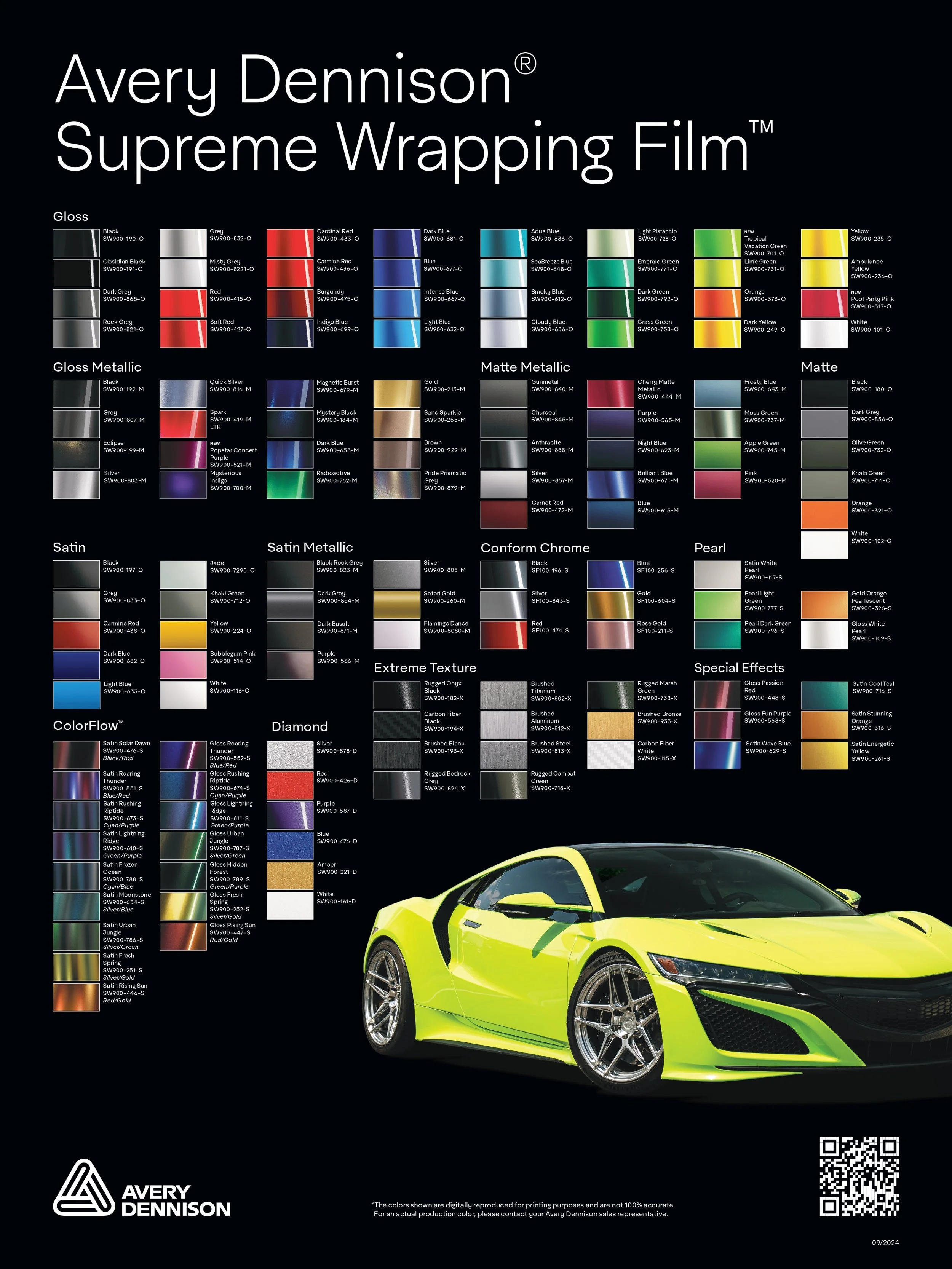 Chart displaying Avery Dennison Supreme Wrapping Film colors with a yellow sports car and QR code.