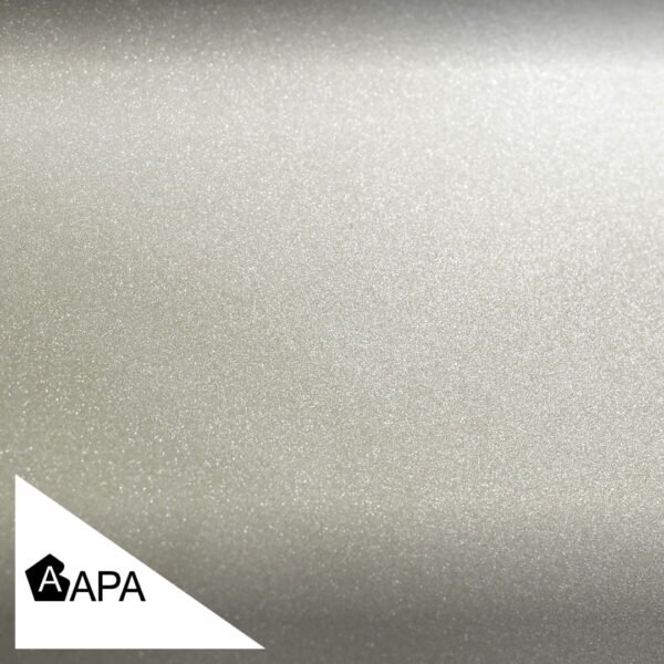 Close-up of a smooth, light grey metallic texture with a slight shimmer, featuring a small APA logo in the corner.