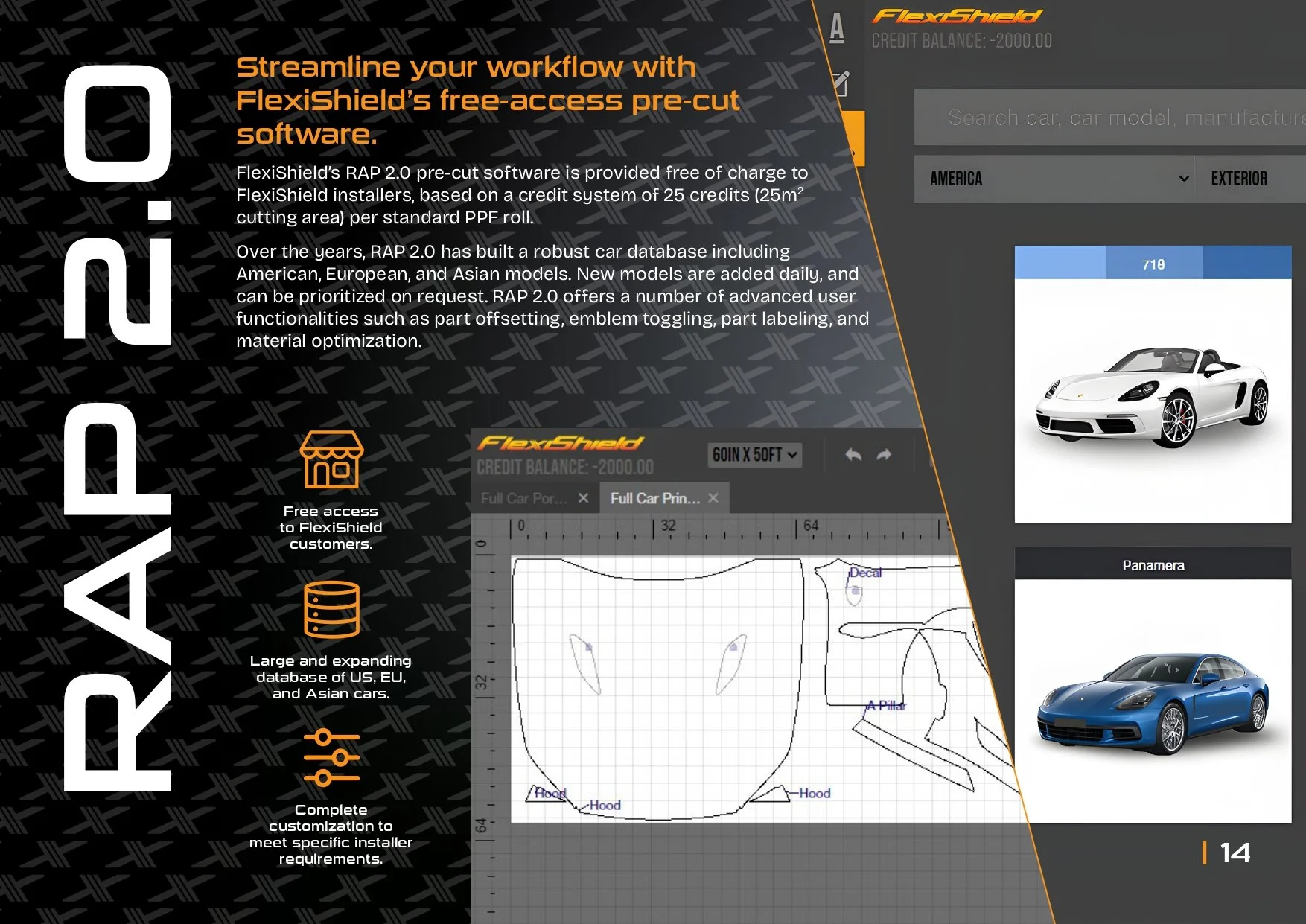 Promotional image for FlexiShield's RAP 2.0 pre-cut software, featuring key benefits and features like free access, a large car database, and customization options. Includes images of white and blue cars, and software interface mockup.