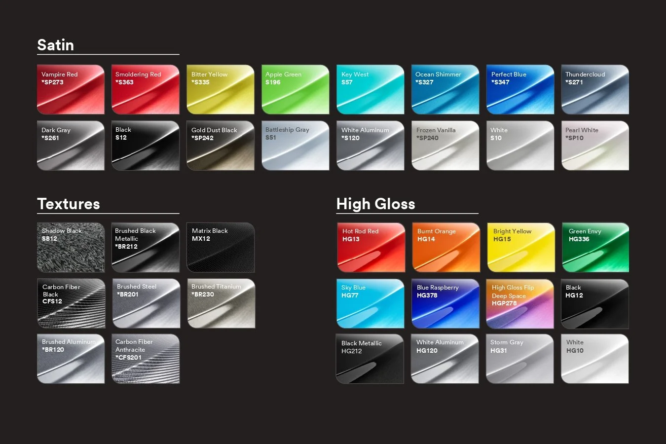 Color swatches for vinyl wraps showing satin, textures, and high gloss options.