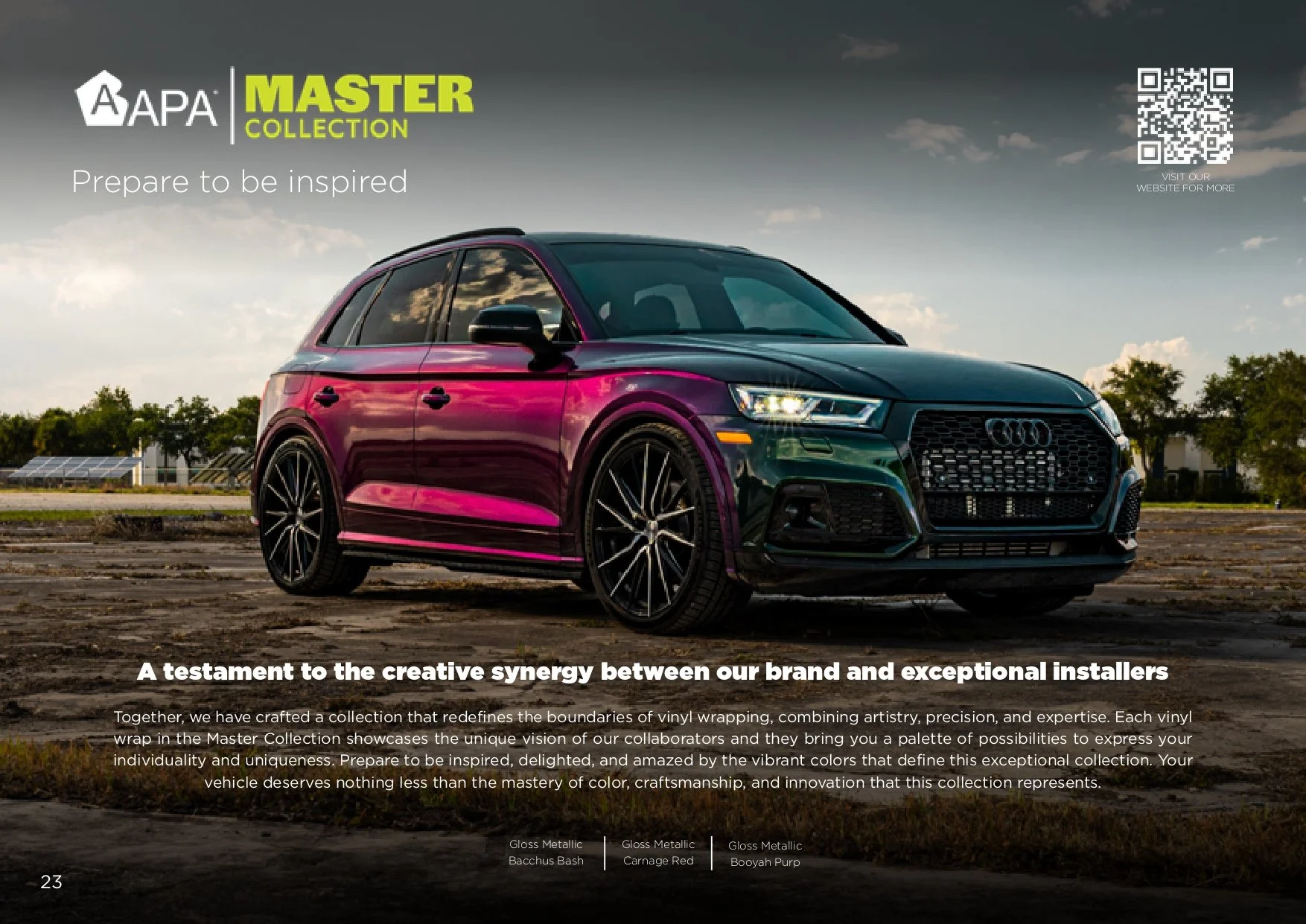 Promotional image of an Audi car with a glossy, multicolor wrap from the APA Master Collection. Text highlights the creative synergy between the brand and installers. A QR code and scenic background are also visible.
