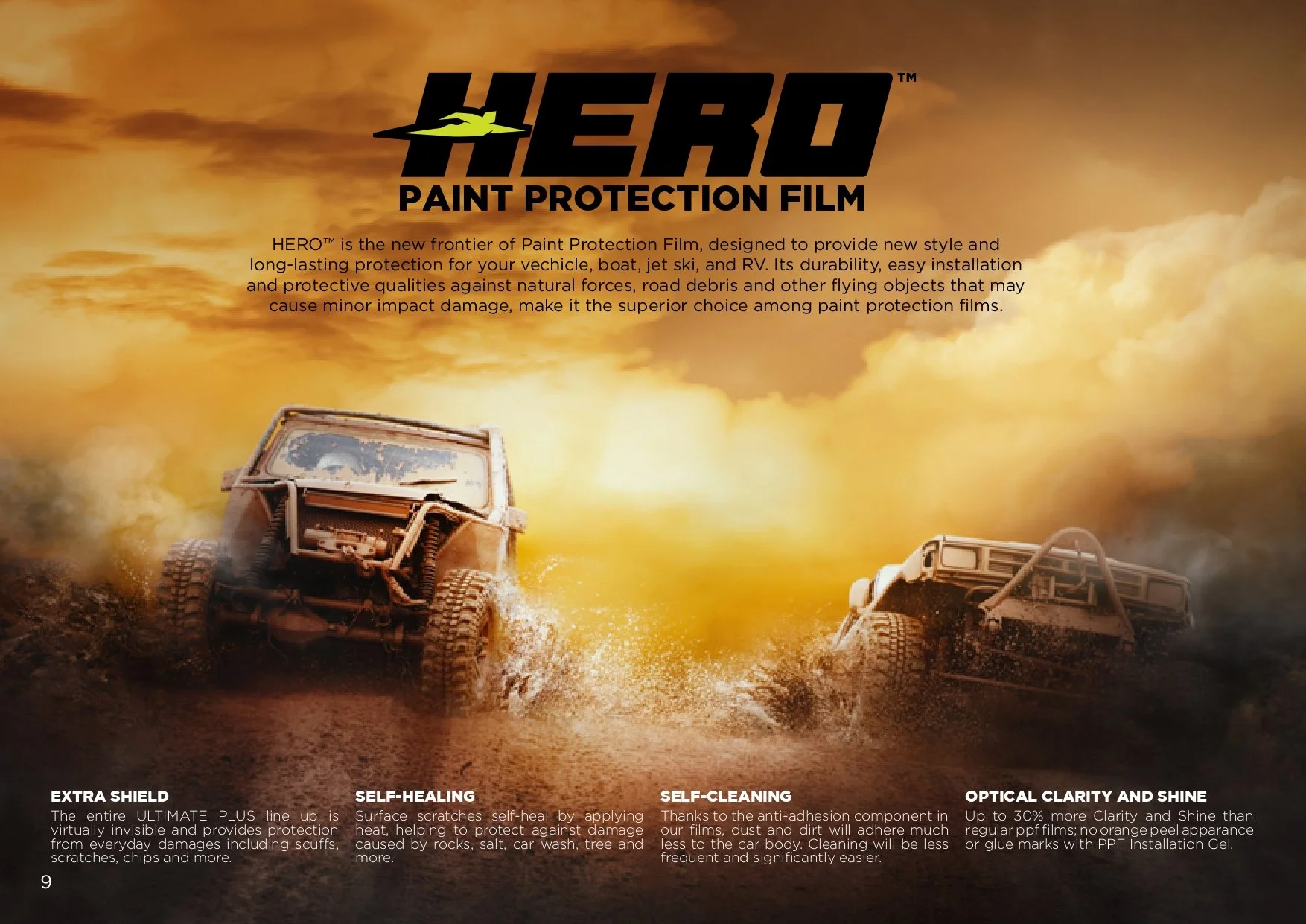 Off-road vehicles driving through mud with "HERO Paint Protection Film" text, highlighting features like extra shield, self-healing, self-cleaning, and optical clarity and shine.