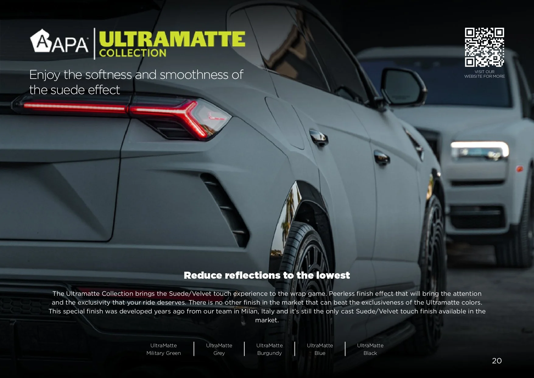 Advertisement for APA Ultramatte car wrap collection, featuring a close-up of a car with a matte finish, and highlighting the softness and smoothness of the suede effect with various color options.