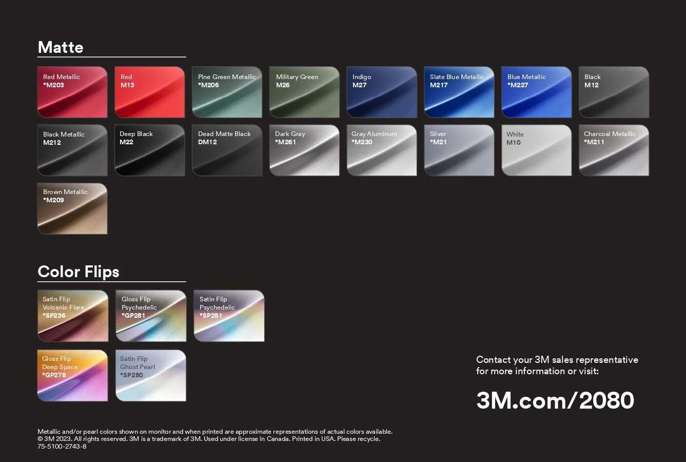 3M color chart with matte and color flip options, featuring various shades such as red, green, blue, black, metallic, and psychedelic flips.