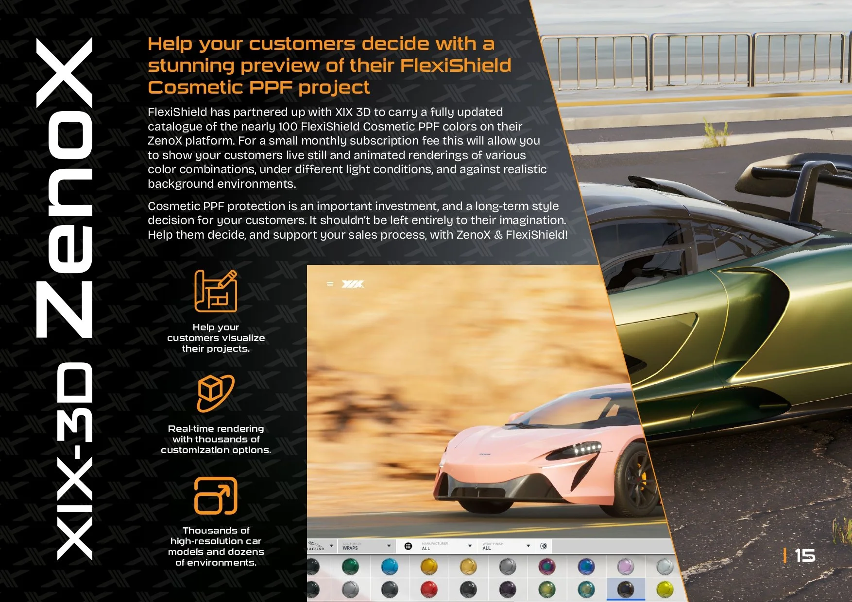 Promotional graphic for XIX-3D Zenox and FlexiShield, featuring a car rendering software. Highlights benefits like real-time rendering, customization options, and a large catalog of high-resolution car models and environments for PPF projects.