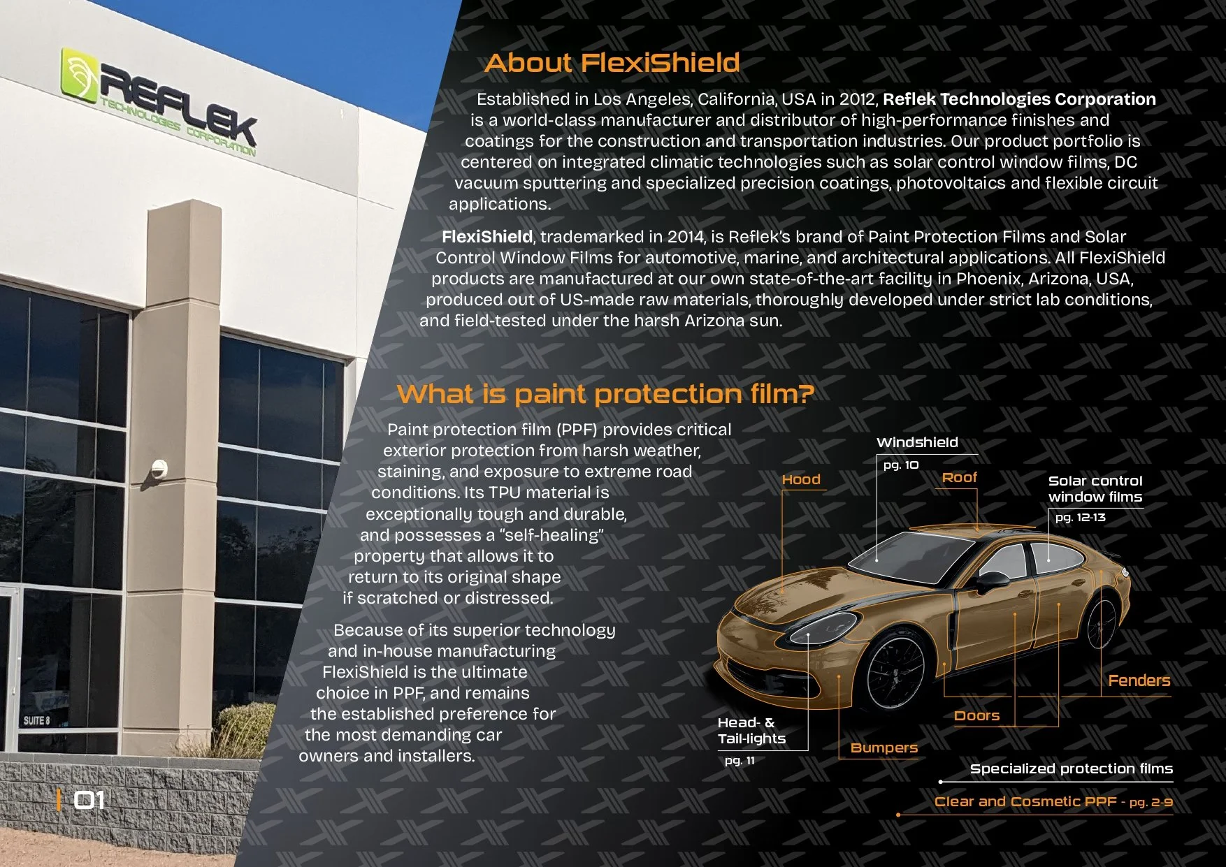 Promotional material for FlexiShield by Reflek Technologies Corporation describing paint protection film benefits and detailing product applications on a car. Includes company background with an image of the Reflek building.