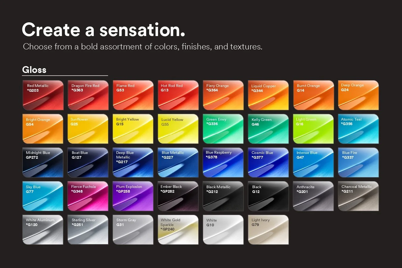 Color swatches with names and codes, including shades like Red Metallic G203, Dragon Fire Red G363, Blue Raspberry G378, and White Gold Sparkle GP240, displayed on a black background.