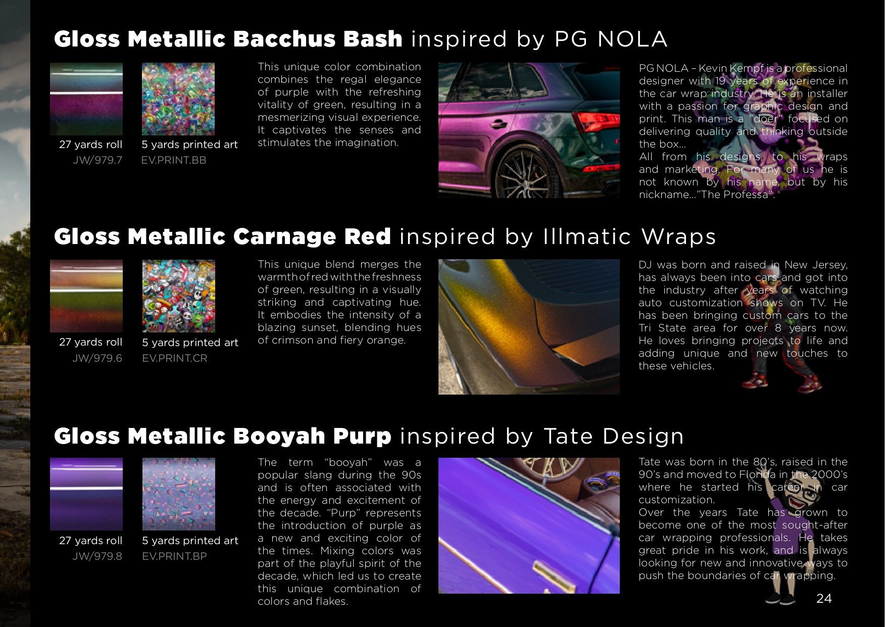 Brochure showcasing three gloss metallic car wrap colors: Bacchus Bash, Carnage Red, and Booyah Purp. Each color is accompanied by a description, corresponding images of cars with the wrap applied, and inspiration details from designers PG NOLA, Illm