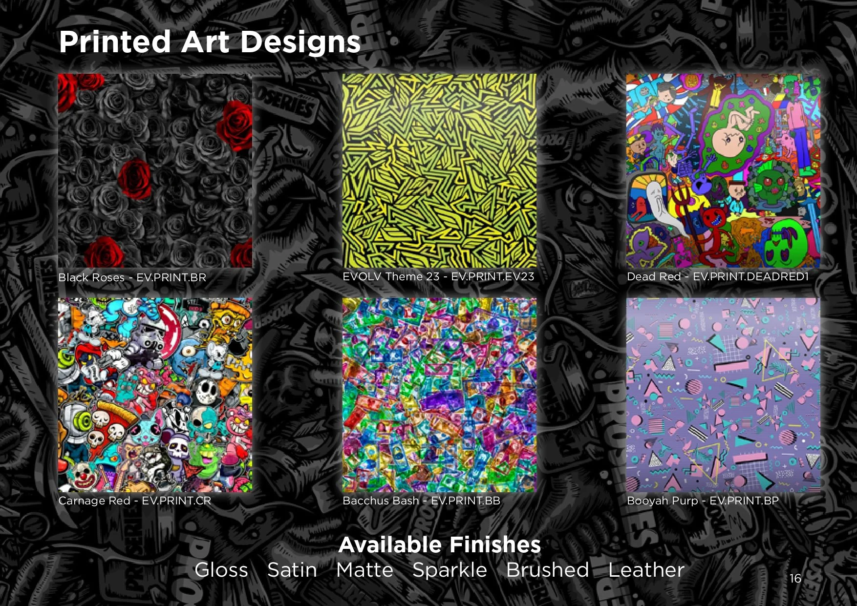Various printed art designs including black roses, abstract shapes, colorful doodles, and geometric patterns, with finishes like gloss, satin, matte, sparkle, brushed, leather.