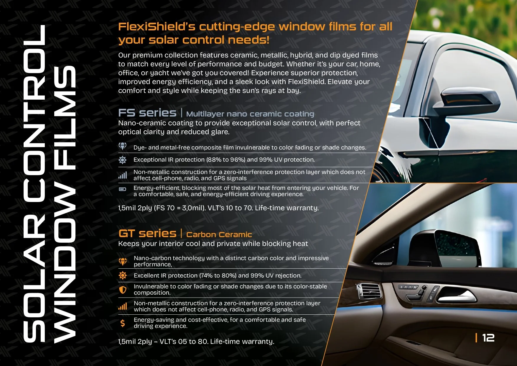 Promotional flyer for FlexiShield solar control window films, featuring descriptions of FS series and GT series, highlighting benefits like UV protection, heat reduction, and non-metallic construction. Includes images of car with window films applied