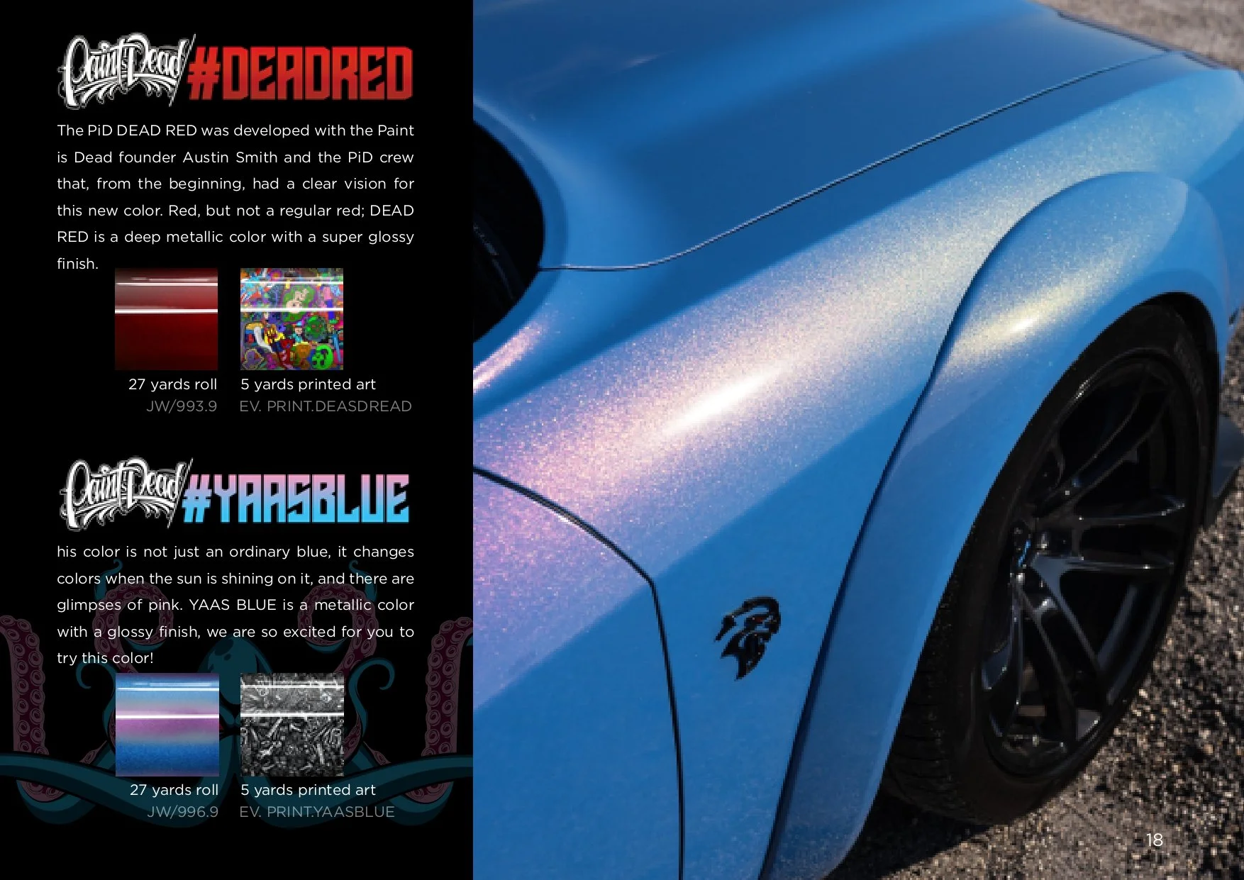 Close-up of a blue car showing glossy paint and wheel, with text describing Paint is Dead's #DEADRED and #YAASBLUE colors on the left, including images of color samples.