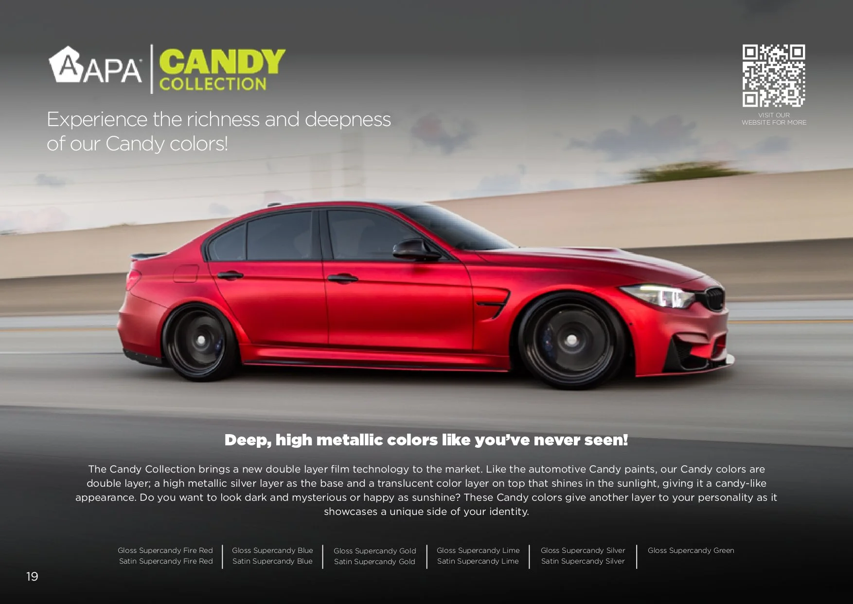 Advertisement featuring a red sports car promoting APA Candy Collection car wraps with text describing metallic colors.